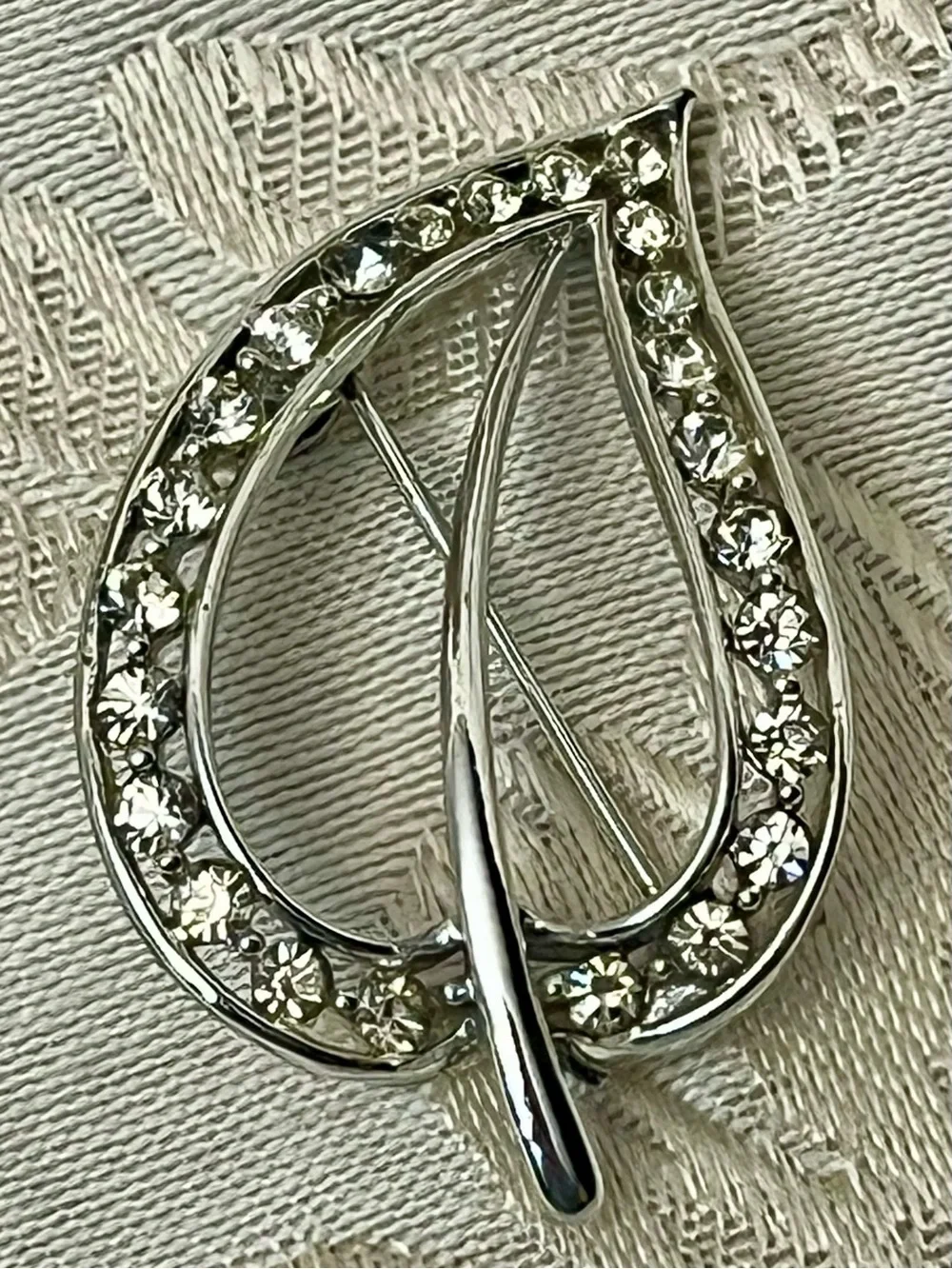 Vtg Lisner Silver Leaf Brooch Pin Clear Rhinestone Mid Century Retro Costume 2